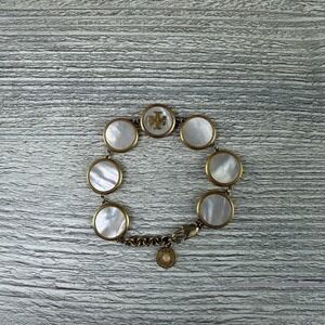 Tory Burch Mother of Pearl Logo Disc Link Bracelet Gold Tone Adjustable